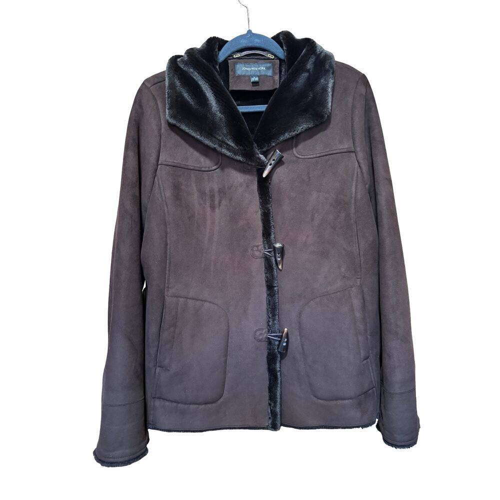 Jones New York Brown Faux Suede Faux Fur Toggle Coat Jacket Size L